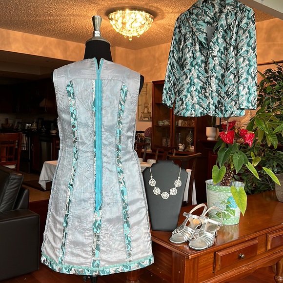 RARE Vintage 1960’s Mod Size 4 Dress & Jacket Silver Blue Lame Brocade - Picture 13 of 15